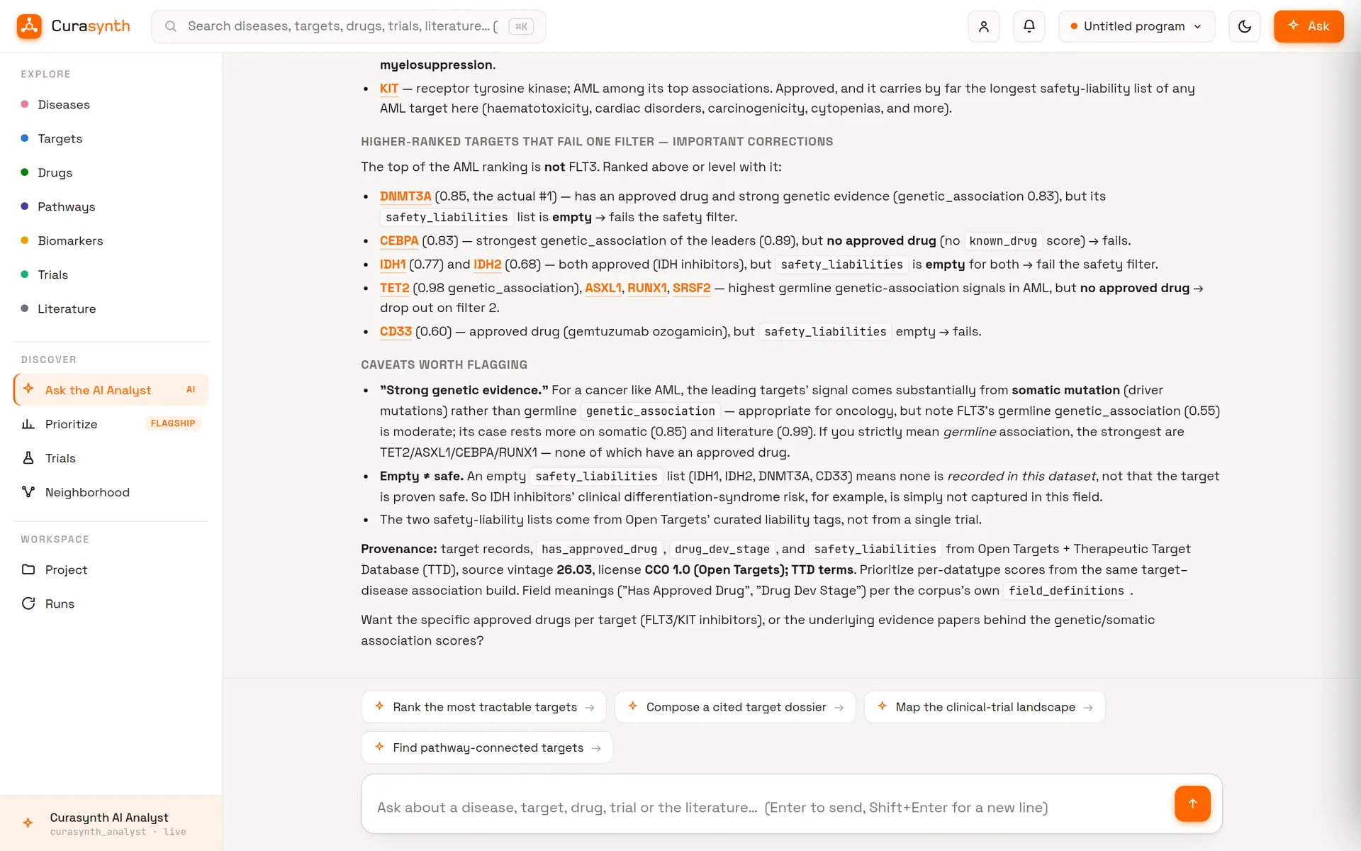 The top of an Analyst answer: the question, then the tool calls it made — resolve, prioritize, entity detail — each marked done, before the narrative begins.
