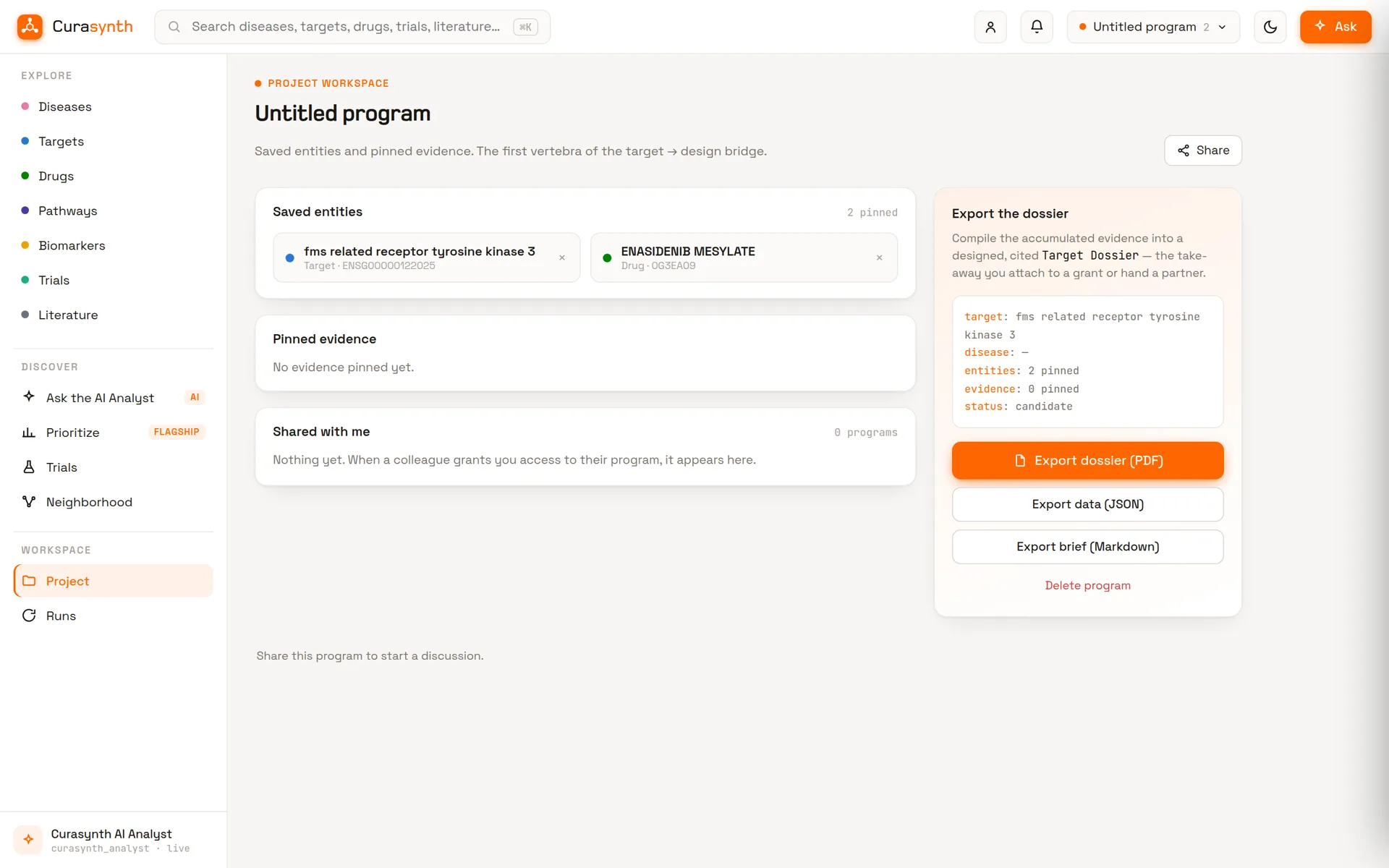A Program with FLT3 and enasidenib pinned, ready to export as a PDF dossier, JSON data or a Markdown brief.