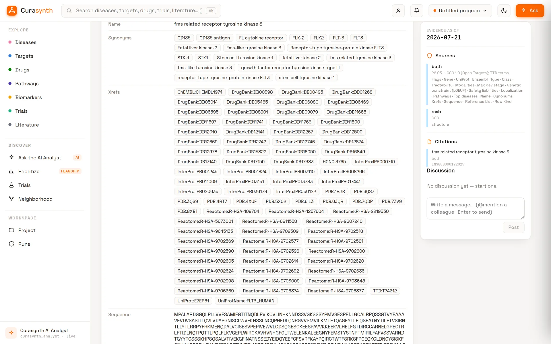 FLT3's monograph: synonyms as chips, then every cross-reference — ChEMBL, DrugBank, InterPro, PDB entries, Reactome pathways, TTD, UniProt — and the protein sequence.